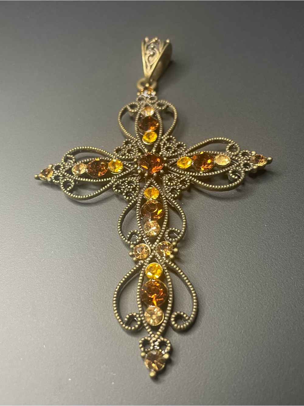 Antique-Style Filigree Cross Pendant with Amber & Topaz Crystals